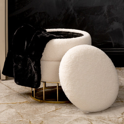 Ivory Boucle Storage Stool